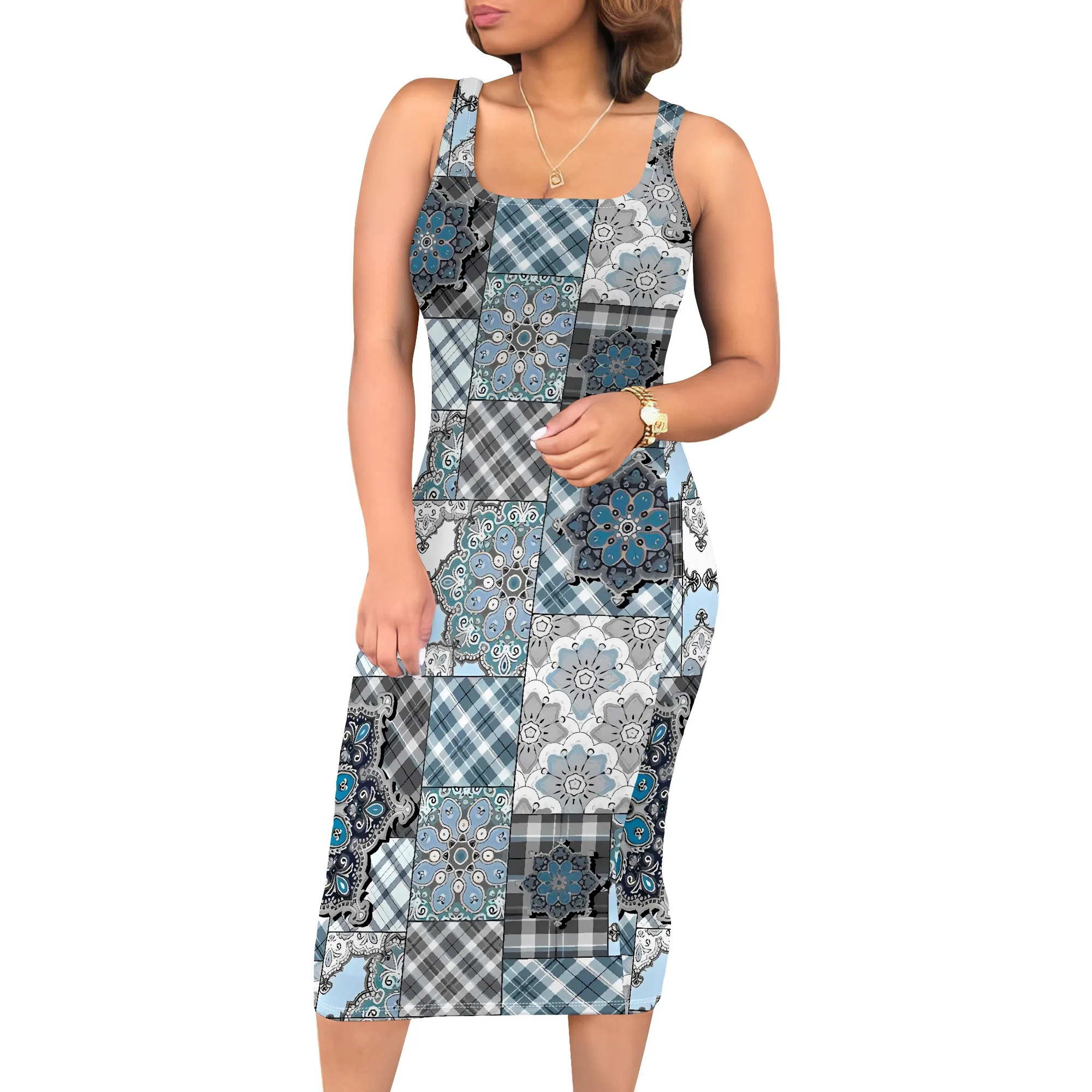 EQQZD ボヘミアンノースリーブラウンドネックドレス、パッチワークパターンプリントサスペンダーミディドレス、標準サイズドレス