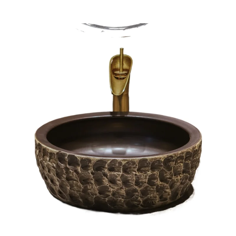 

Ceramic art wash basin household brown antique table basin round bathroom balcony toilet washbasin