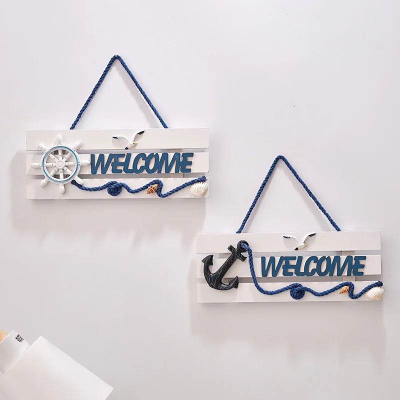 علامة ترحيب خشبية ديكور بحري لوحة على طراز البحر الأبيض المتوسط فندق المنزل الساحلي منزل الشاطئ علامة ترحيب جدار ديكور المنزل #3