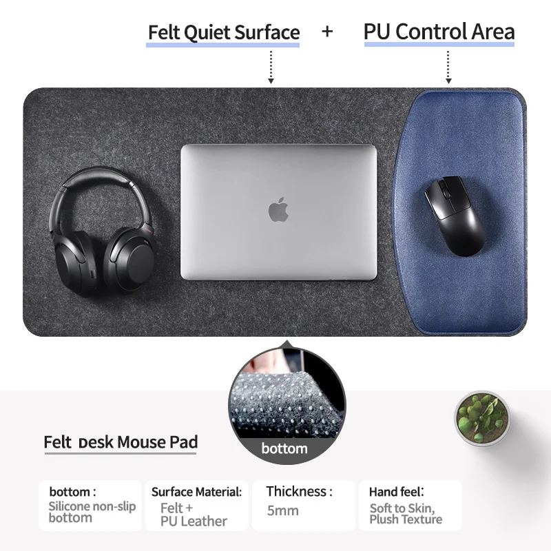 Felt + PU Leather Dual Material Mouse Pad, Oversized Desk Pad, Non-Slip Durable Gaming Mouse Pad Keyboard Pad Office Mat