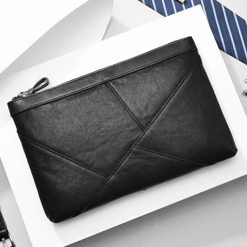 Men's genuine leather spliced clutch bag, lightweight horizontal large-capacity hand-held briefcase, business men's bag