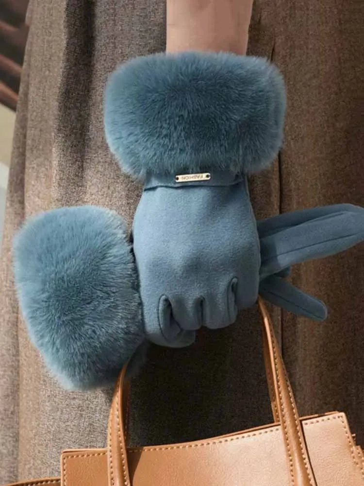 AliExpress LAOVCE Women Winter Keep Warm Plush Wrist Fingertips Clamshell Touch Screen Gloves Fashion Elegant Retro Luxury Drive Cycling Thicken