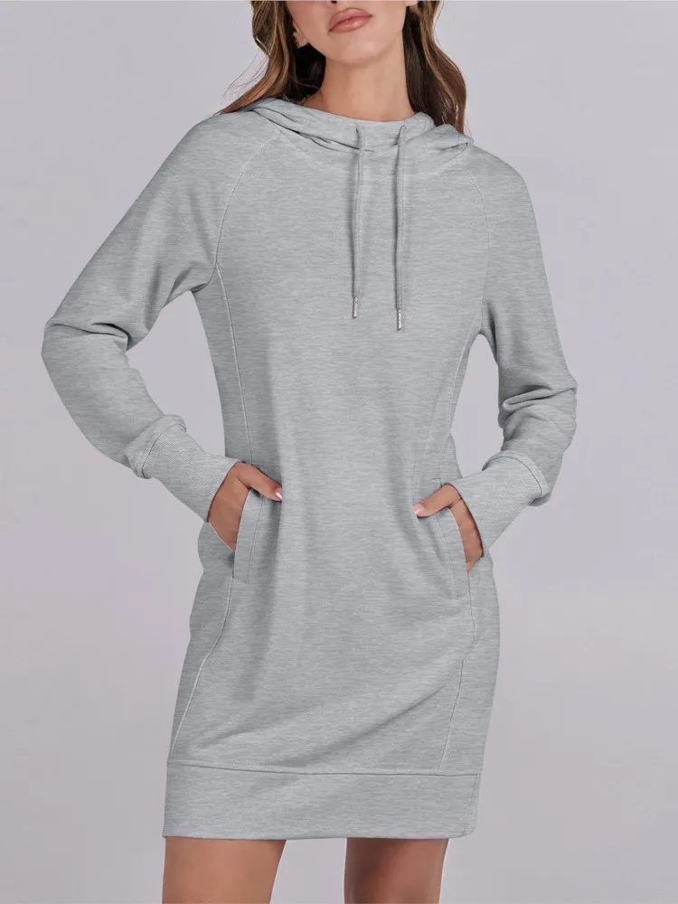 

Autumn New Casual Midi Long Hoodie Woman's Fashion Solid Color Long Sleeves Hooded Hood Pullover Ladies Office Loose Sweatshirt