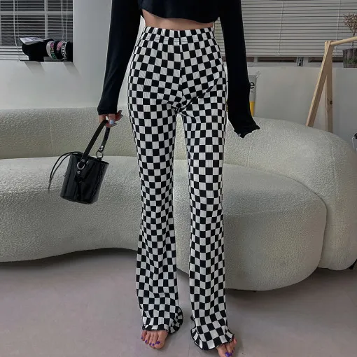 Comfortable High Waist Pleated Checkered Casual Pants Elastic Waist Loose Fit Straight Leg mid Century Style Women's Trousers