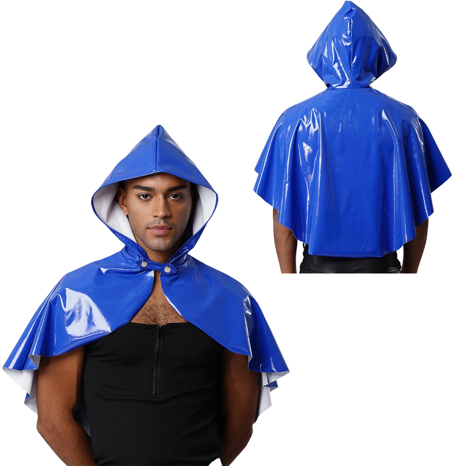 

Men Wet Look Hooded Cloak Front Pressing Button Closure Cape Bolero Steampunk Gothic Cloak for Masquerade Cosplay Party Cloaks