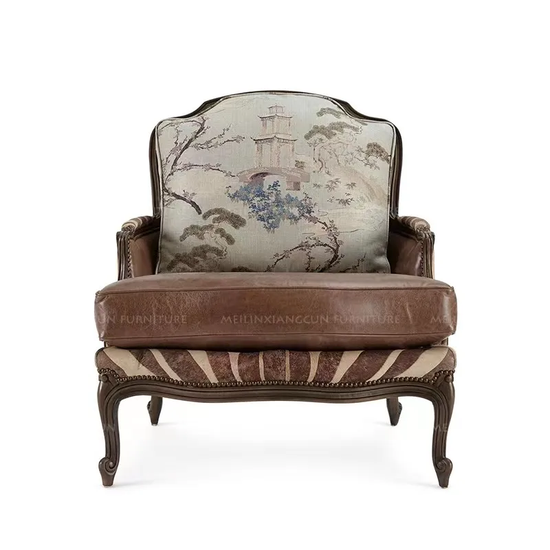 #American single sofa chair, solid wood top layer cowhide microfiber lounge chair, vintage carved negotiation chair, large apart