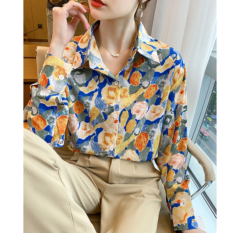 Women Spring Fashion Loose Printing Chiffon All-match Polo-Neck Long Sleeve Shirts Women Clothes Casual Office Lady Trend Tops