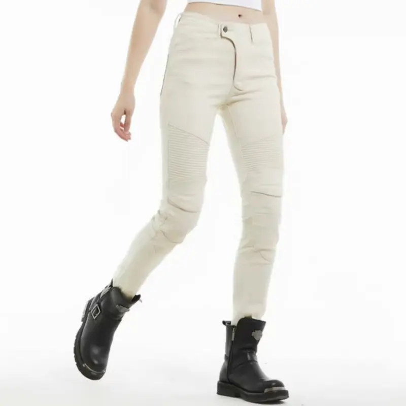 Volero Motorcycle Protective Riding Pants Female Motocross Knight Cycling Protection Jeans Loose Straight Trousers Rice White