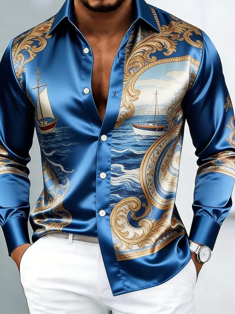 New Baroque Cartoon Little Dragon Splicing 3D Printed Long Sleeve Shirt Cowboy Collar Men's Top Clothing