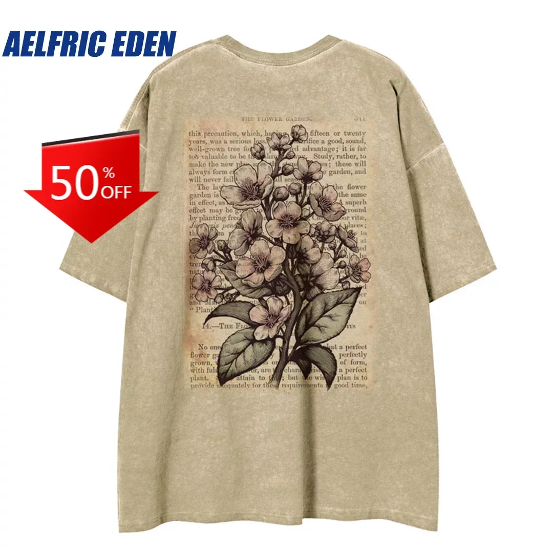 Aelfric Eden Floral Letter Print Washed Tshirt Vintage Men T-Shirt Streetwear Hip Hop Harajuku Graphic Punk Short Sleeve Tee Top