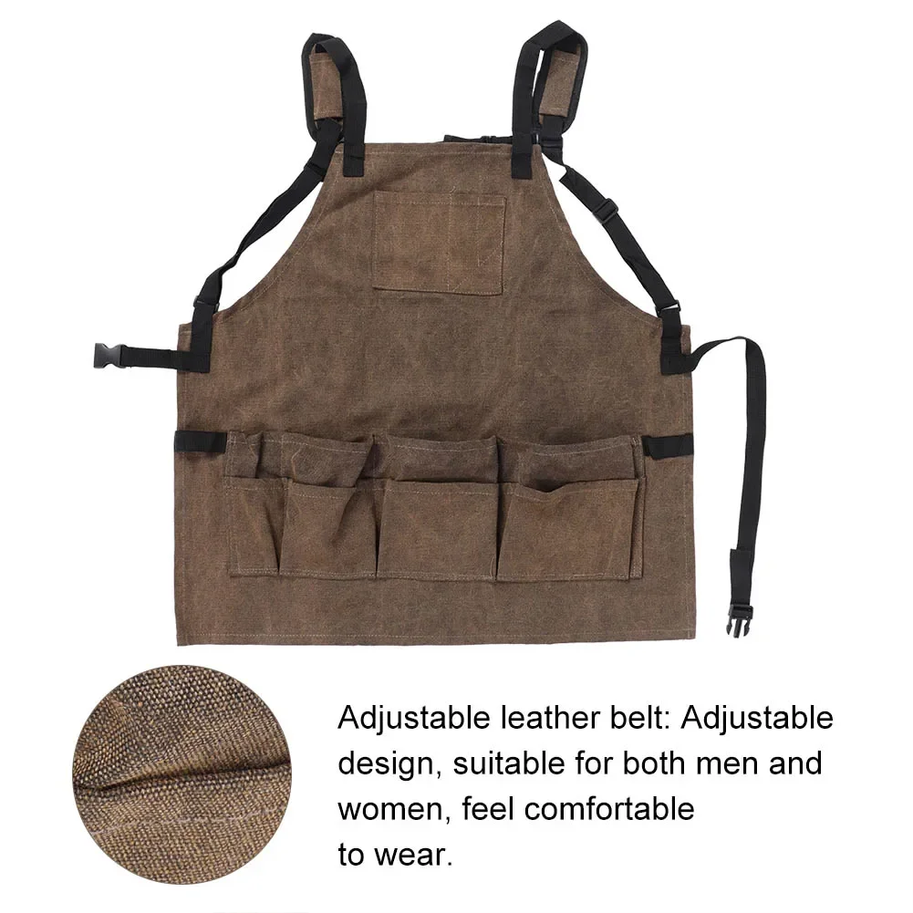 Durable Work Apron with Tool Pockets Unisex Canvas Adjustable Cross-Back Straps Apron For Gardener Carpenter Painting Home BBQ