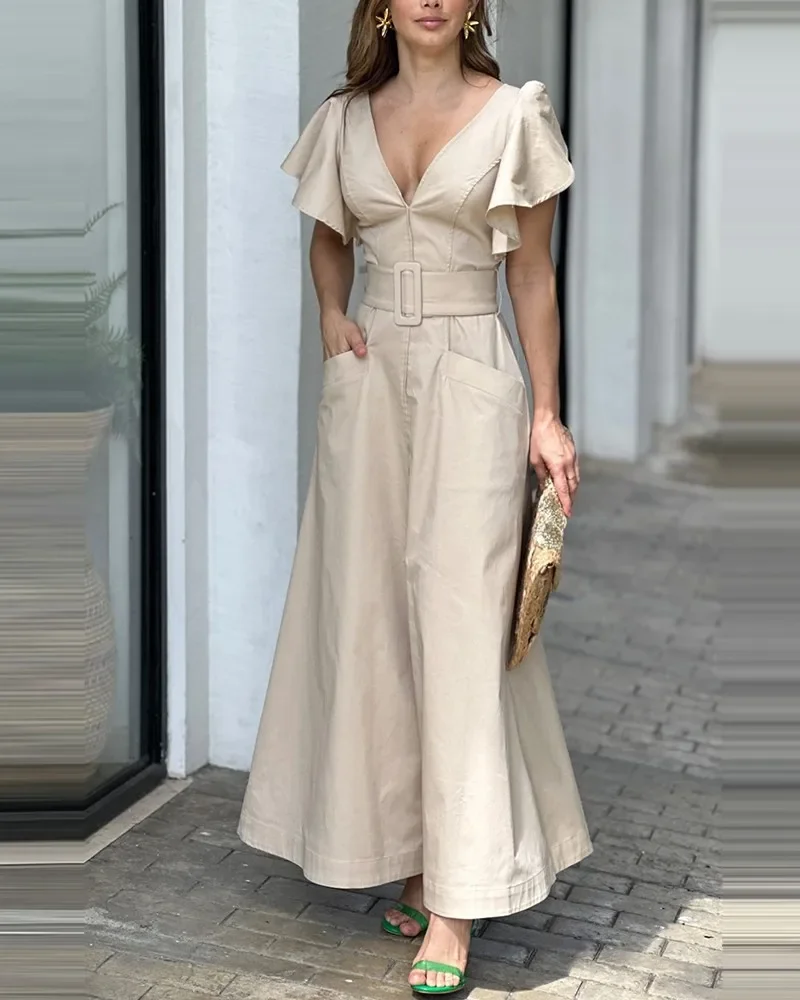 Bell Sleeve Slit Front Pocket Design Maxi Dress Women Solid Color Long Spring Summer High Waist Loose Dress