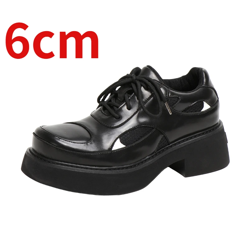 

Height Increase 6cm Big Head Leather Shoes Shoes for Men Thick Bottom Design Black White Color Matching Sports Style Derby Shoes