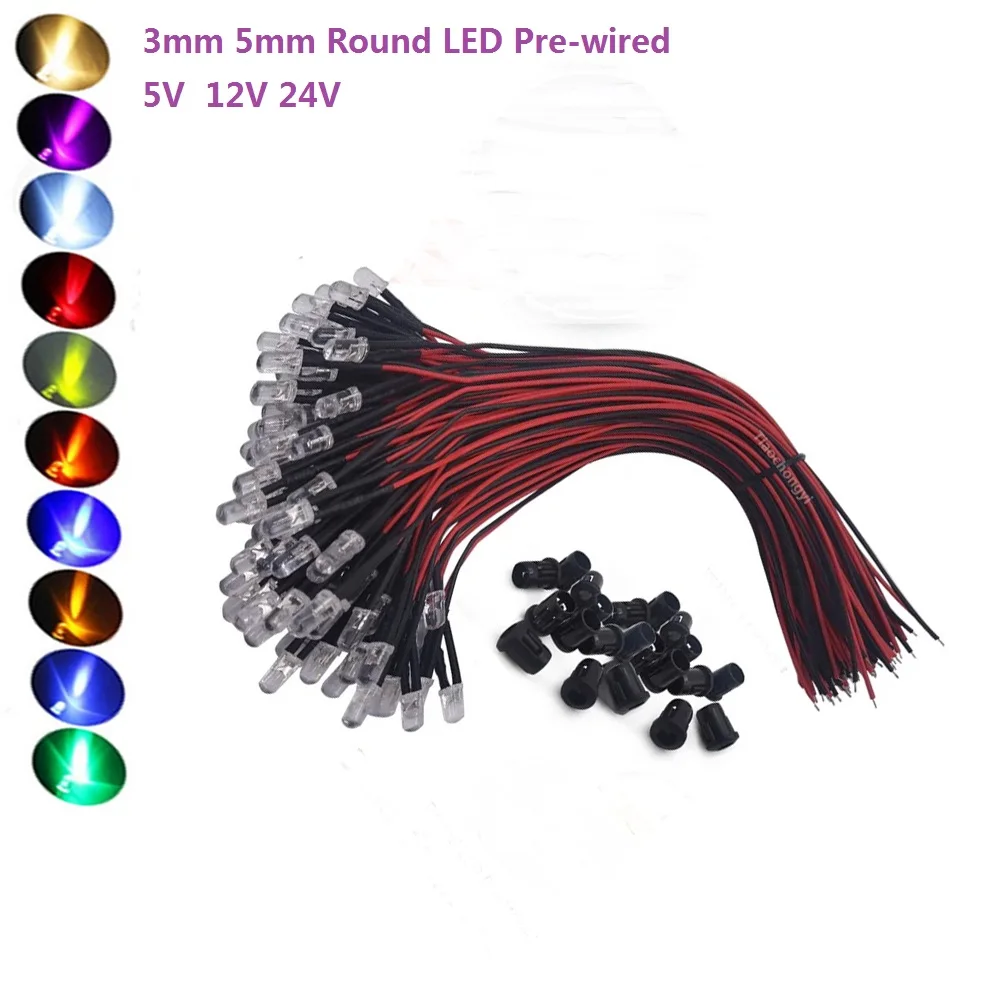 DC 5V 12V 24V 3mm 5mm Okrągła dioda LED Wstępnie okablowane przezroczyste diody elektroluminescencyjne Czerwony Zielony Niebieski Biały Żółty UV RGB 10-50szt.