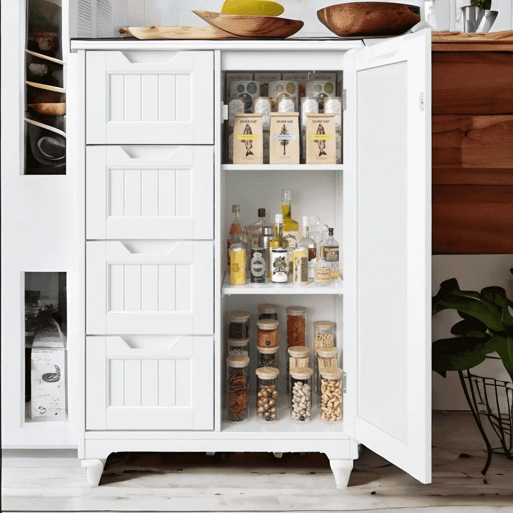 

Pantry Storage Cabinet, 33" White Wood Kitchen Pantry Storage Cabinet with 4 Drawers, 1 Door and 3 Shelves for Dining