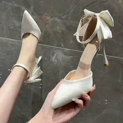 Elegant Bowknot Thin Heels Pumps Women Pointed Toe Ankle Strap Wedding Party Shoes summer sandals Woman High Heels Bride Shoes