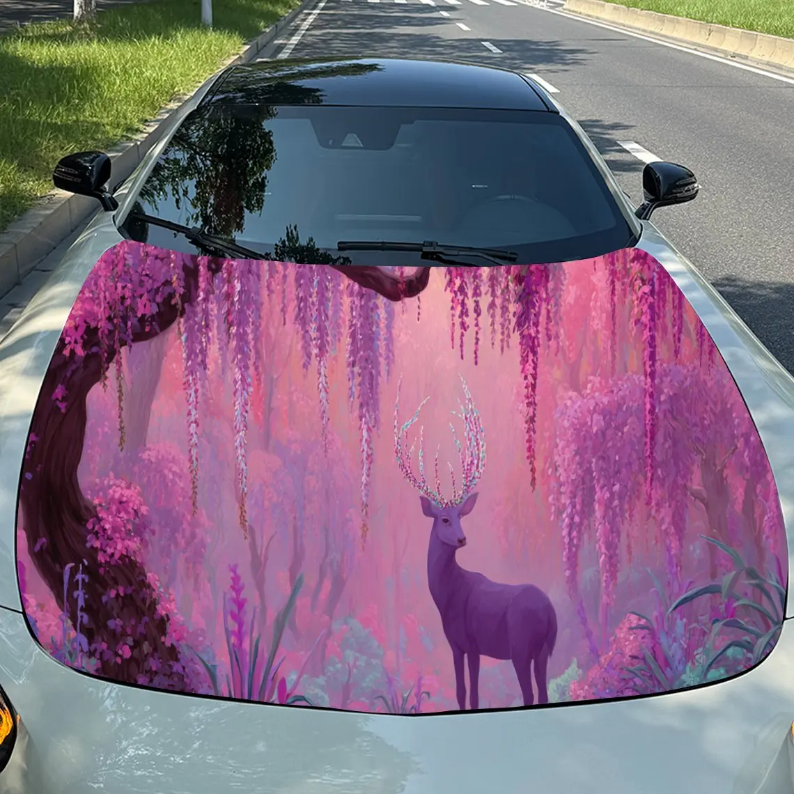 

Poetic Purple Forest Deer Car Hood Stickers - Self-Adhesive, Waterproof and Durable Vinyl Wrap, Decorate And Protect Your Car, F