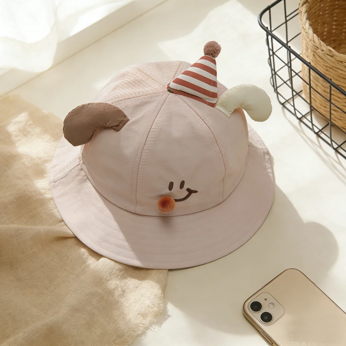 Cute birthday-themed embroidered face mask for red pompom cake hat decoration with a semi-net fishing hat. Suitable for parties. view 3