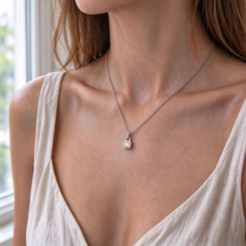 Silver Tone 18mm Fully Paved Crystal Square Pendant Necklace for Women, Delicate Small Cushion CZ Choker, Hypoallergenic Silver Tone Alloy Cable Chain 45+5cm, Trendy Minimalist Jewelry Gift for Daily Wear Party Birthday Anniversary Wedding Holiday Chic