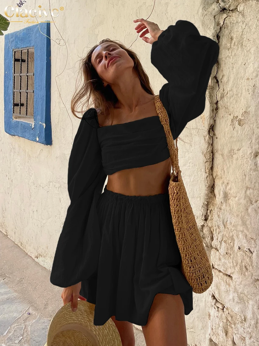 Clacive Sexy Beige Leinen Frauen Zwei Stück Outfits 2023 Mode Puff Hülse Crop Shirts Mit Hohe Wasit Mini Rock Sets weibliche