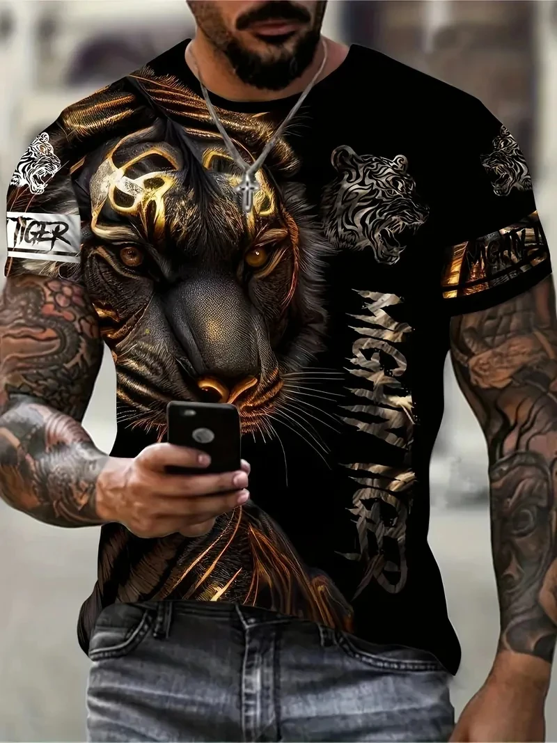 Vintage Tiger T-Shirt Men's 3d Animal Print Short Sleeved Top Tees Summer Casual Breathable Men's Clothing Oversized Streetwear