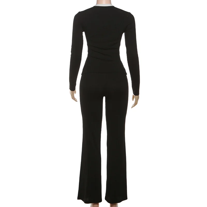 2025 herbst Farbe Patchwork Rippen 2 Stück Set Frauen Mode Langarm Einreiher Strickjacke Tops + Gerade Hosen Anzüge