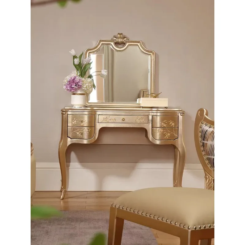 French Style Luxury Makeup Vanity with Drawers, Carving & Hand-Painted Design, Solid Wood Dressing Table for Princess Bedroom