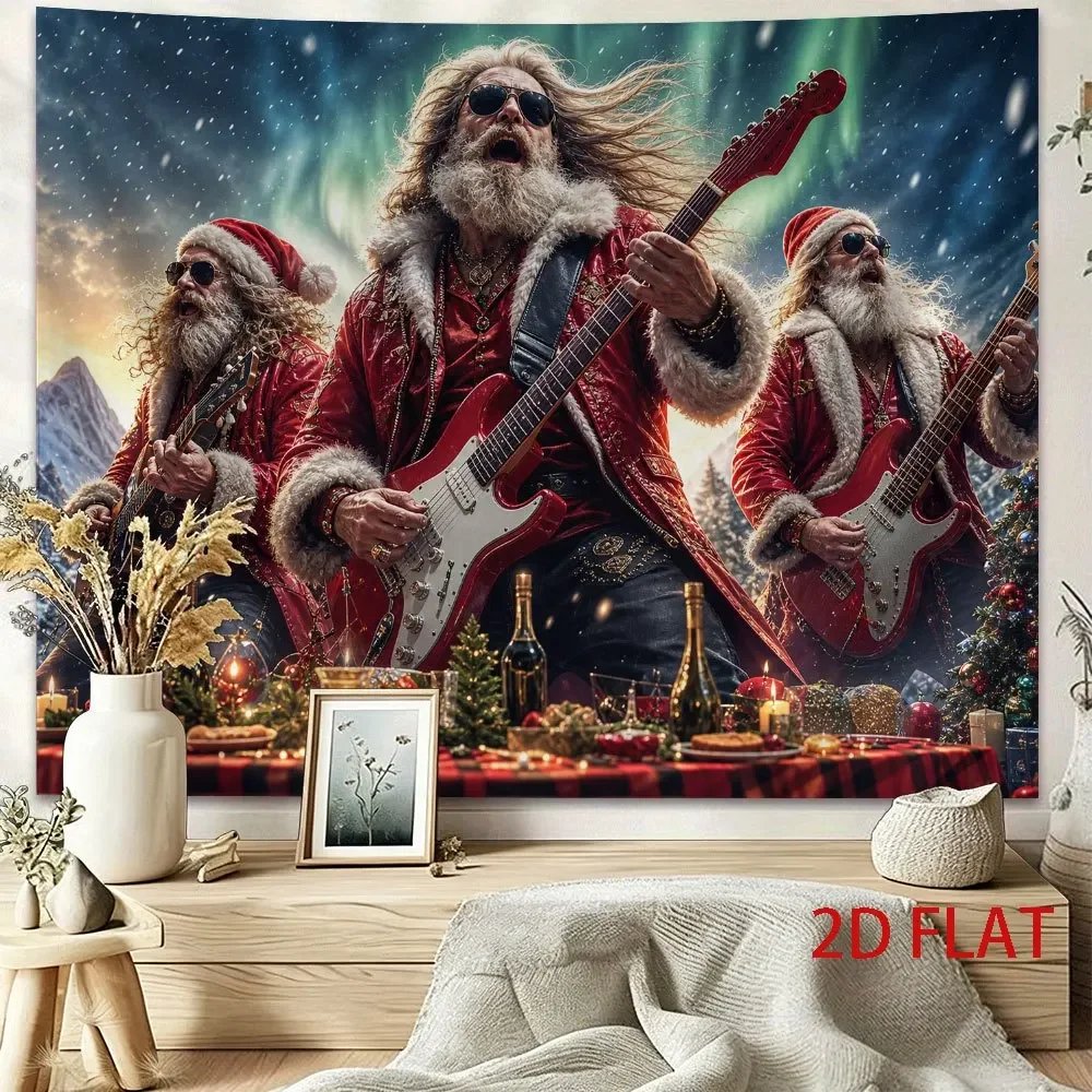 Santa Rock Band Christmas Concert Wall Tapestry Xmas Holiday Music Festival Decor for Xmas Tree