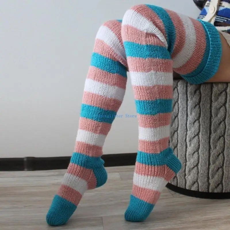 652B Autumn Slouch Crochet Knitting Thigh High Socks for Women Colorful Striped Over The Knee Long Stocking Leg Warmers