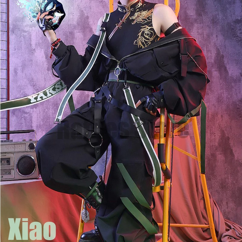 Xiao-Peluca de disfraz de Cosplay Genshin Impact Xiao Element, traje negro derivado para fanáticos de Xiao, conjuntos de uso diario para hombre