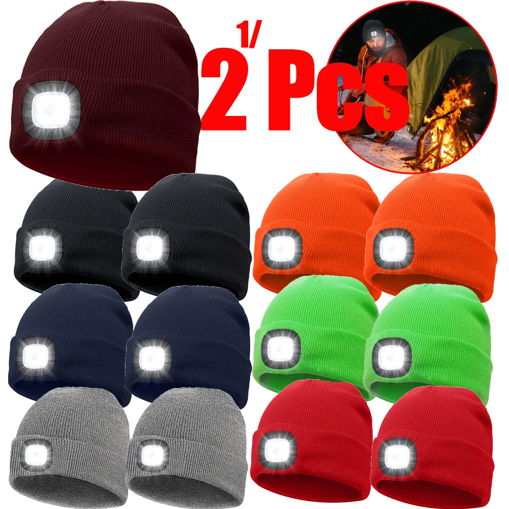 1/2 Pcs USB Rechargeable Cap with Light with 3 Brightness Levels 4 LED Beanie Hat Unisex Knitted Hat with Light for Men Women