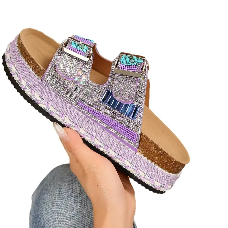 Nuevas zapatillas de playa de talla grande para mujer, sandalias con suela de corcho y diamantes de agua con doble hebilla y cuerda gruesa, calzado cómodo de verano