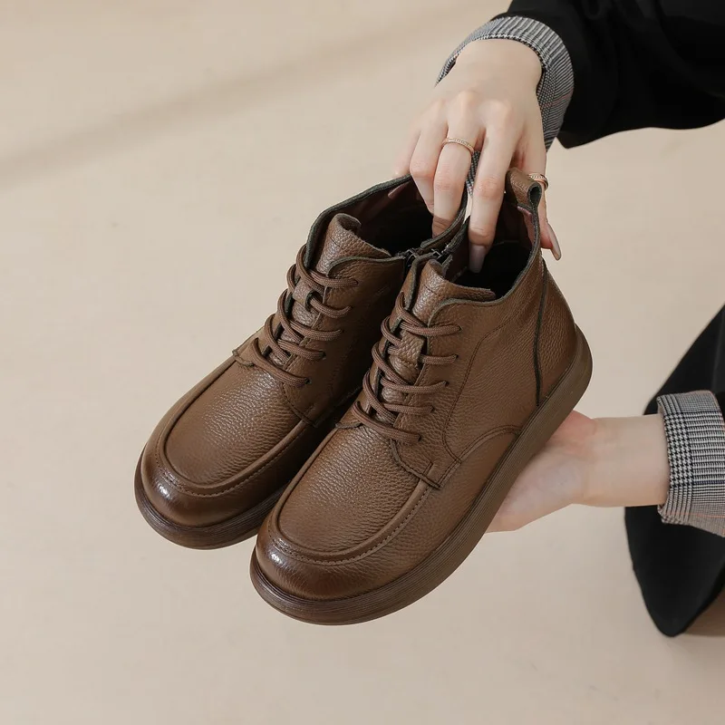 المرأة أسود/بني/أبيض بولي Leather الجلود منصة الدانتيل متابعة حذاء من الجلد للاستخدام اليومي أحذية الشتاء غير رسمية أحذية بوت قصيرة Q-120