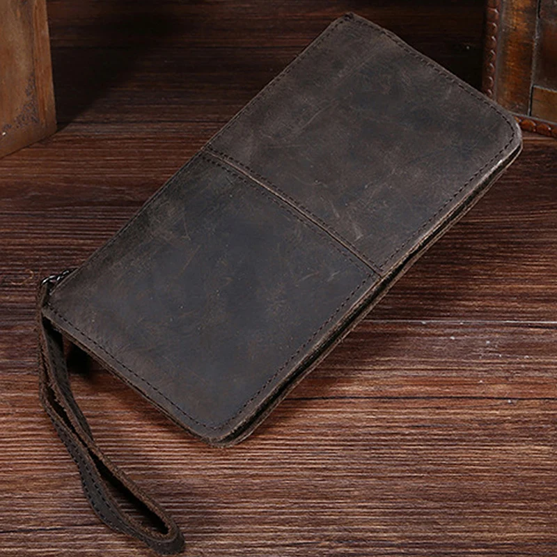 High Quality Crazy Horse Cowhide Wrist Purse Handy Pocket Male Cell Phone Case Coin Retro Genuine Leather Men Clutch Bag Wallet