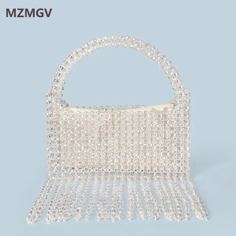 

Fashion Transparent Acrylic Beaded Handbag Hand Woven Hollow Out Design Women's Tassel Evening Bag Shiny Clear Luxury Clutches