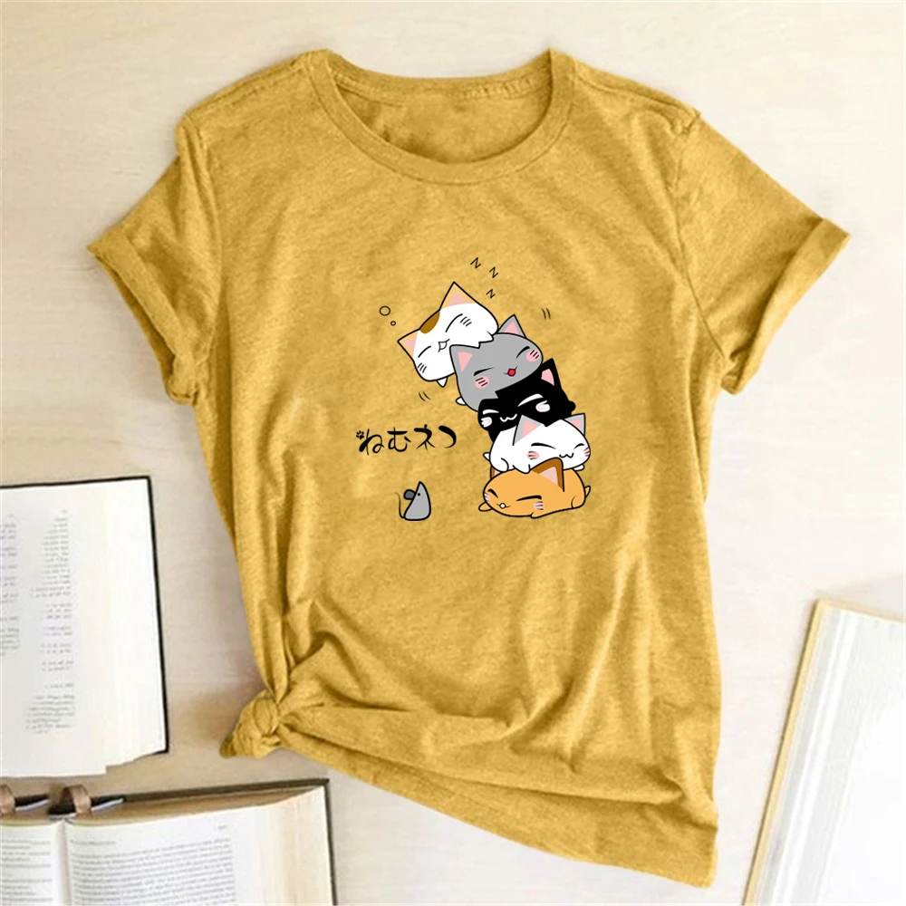 Seeyoushy-女性のための猫のプリントTシャツ,素敵な夏の服,アニメーション,カワイイ,原宿