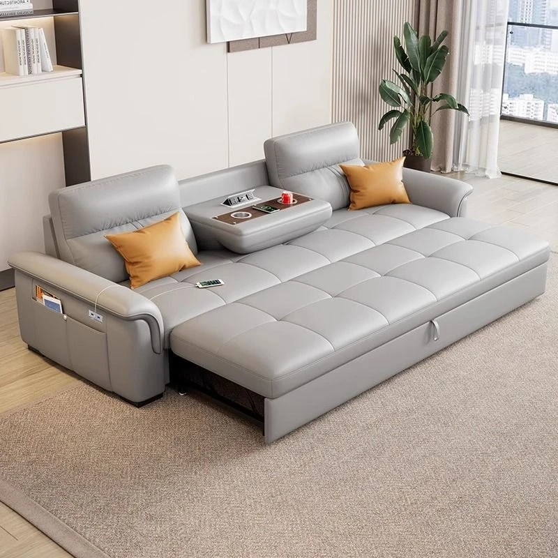 Leather sofa bed, folding dual-purpose, small apartment living room, multi-functional telescopic bed