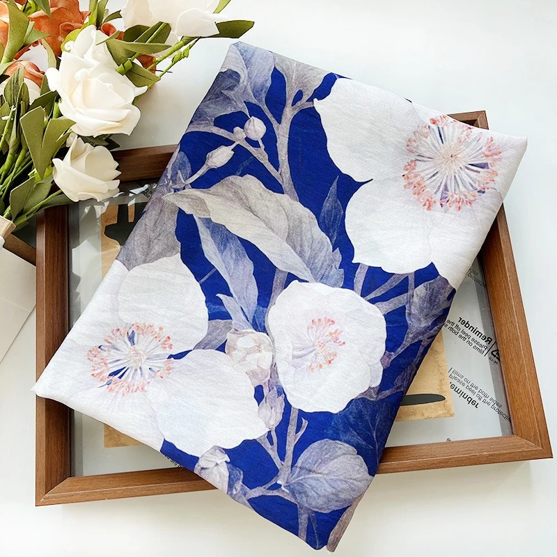 Chinese Style Blue Cotton Fabric Handmade Sewing DIY Home Floral Print Qipao Hanfu Designer Decoration Crafts Materials