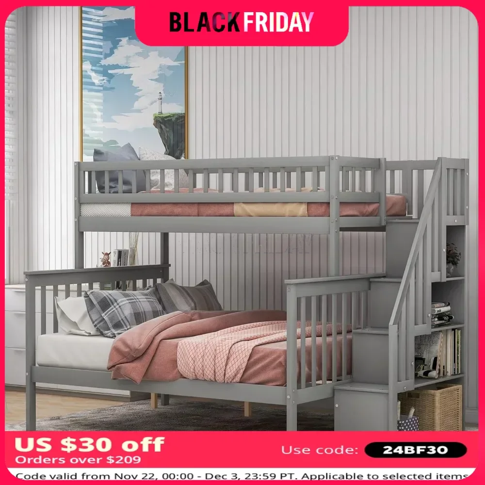 Bunk Beds,with Stairs,with Storage and Guard Rails,Bunks Beds Twin Over Full Size for Kids, Bedroom,Teens, Adults, Wood Bunk Bed