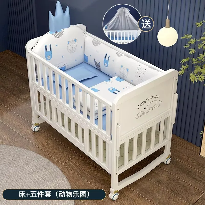 Cuna Multifuncional de Madera Maciza Convertible en Cama Nido, Cuna Móvil para Bebés con Ruedas