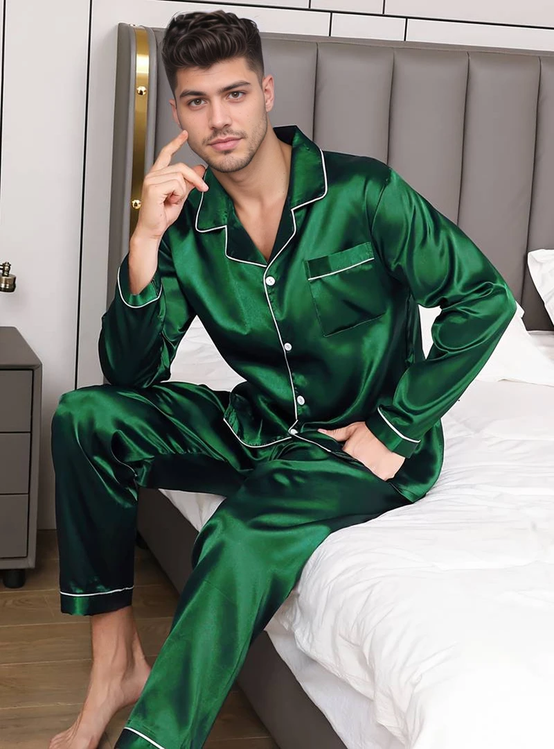 Herren-Pyjama-Set aus Satin, einfarbig, kurzärmelig, Revers-Oberteil und elastische Hose, glatte, glänzende Textur, bequem, entspannt für Loungewear – Detail 11