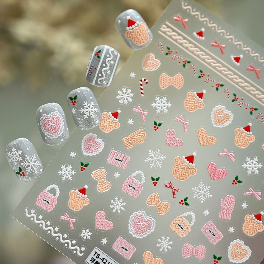 Guantes de oso pequeño con elemento de punto navideño, bolsa de corazón de amor, lazo, copo de nieve, pegatinas bonitas para decoración de uñas, calcomanías de manicura encantadoras de Navidad