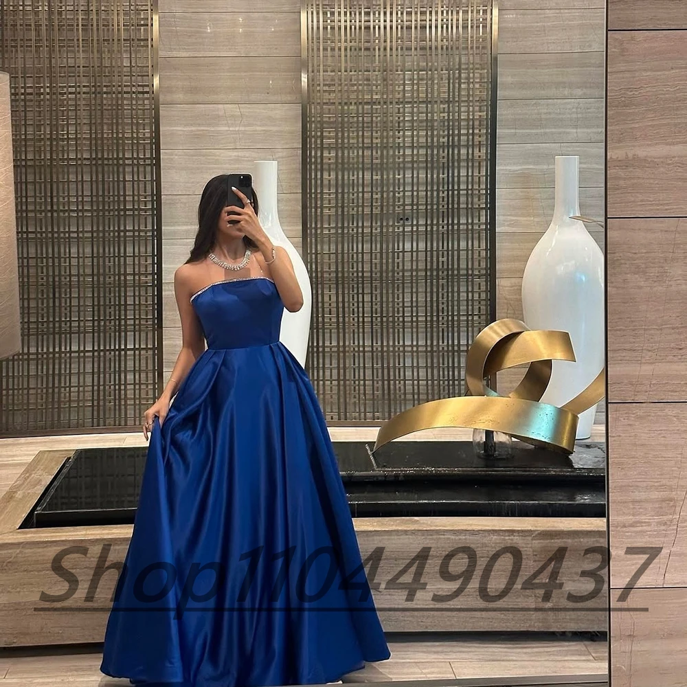 Customized Simple Blue Strapless A-line Formal Evening Dress Crystal Backless Draped Floor Length Sleeveless Party Prom Gown