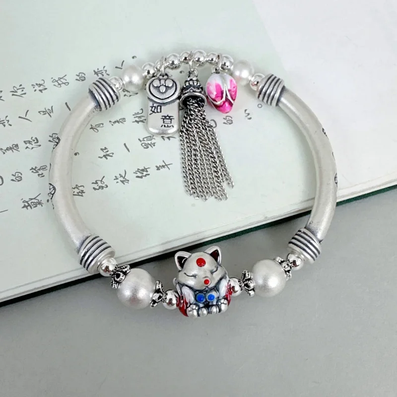 999 Silver Fox Lotus Tassel Charms Bracelets For Women Girls Original Handmade Silver Beaded Hand Jewelry Gifts Wholesale SL111