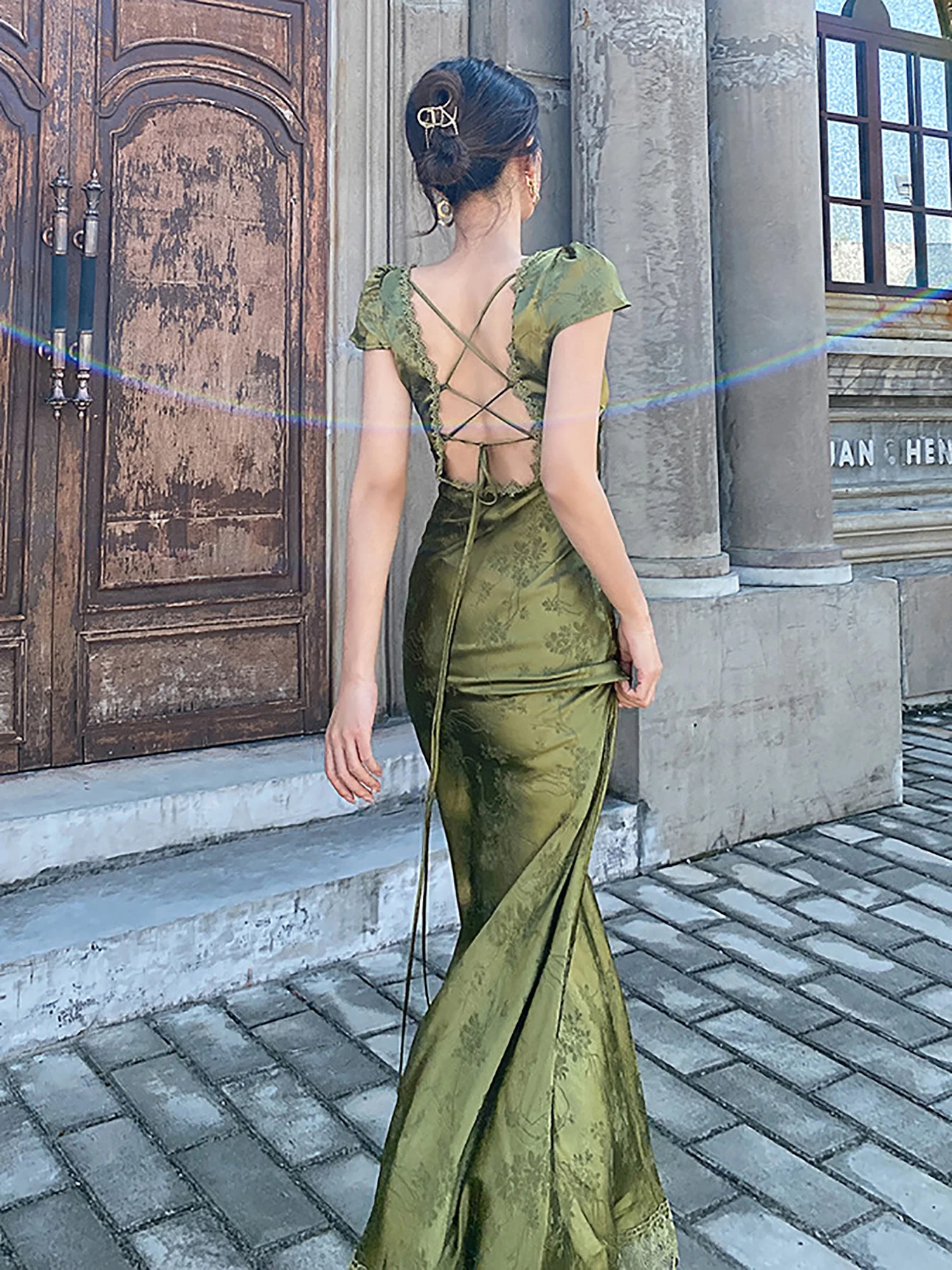 2024 New In Women's Long Dress Turquoise Green V-neck Backless Satin Jacquard Waist Slim Chic and Elegant Sexy Female Dresses