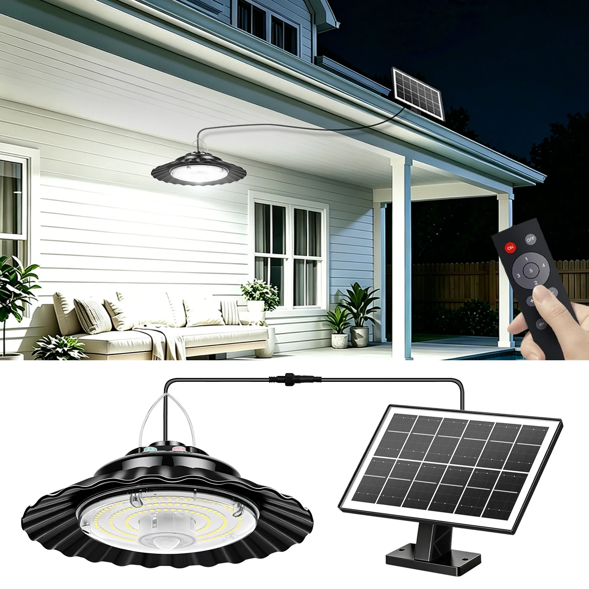 159LED Solar MotionSensor Shed Light, 5 Lighting Modes Dusk‑to‑Dawn Solar Hanging Pendant Light for Barn, Gazebo, Patio, Carport