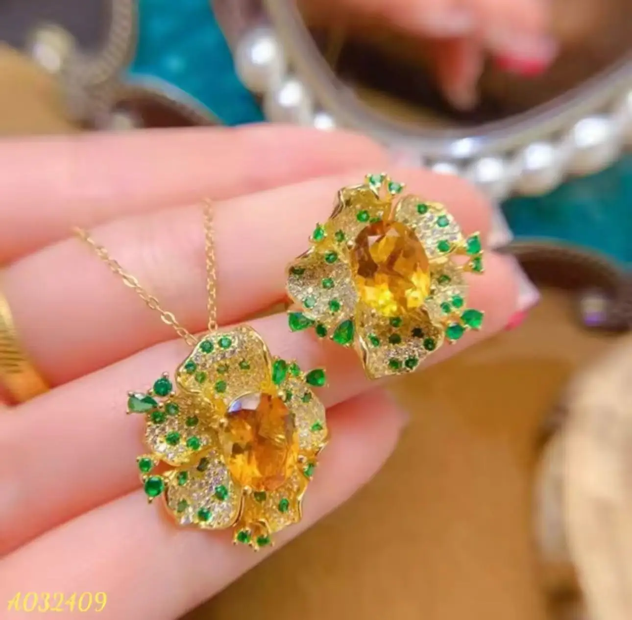 KJJEAXCMY Luxurious Palace Style Heavy Craftsmanship Natural Yellow Crystal Women's Necklace Ring Set