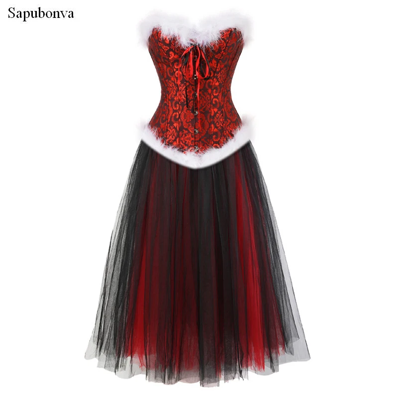 

Корсеты Sapubonva для женщин на Рождество, для платьев, костюмов на Хэллоуин, черно-красные сетчатые длинные юбки, корсеты-бюстье, платья больших размеров