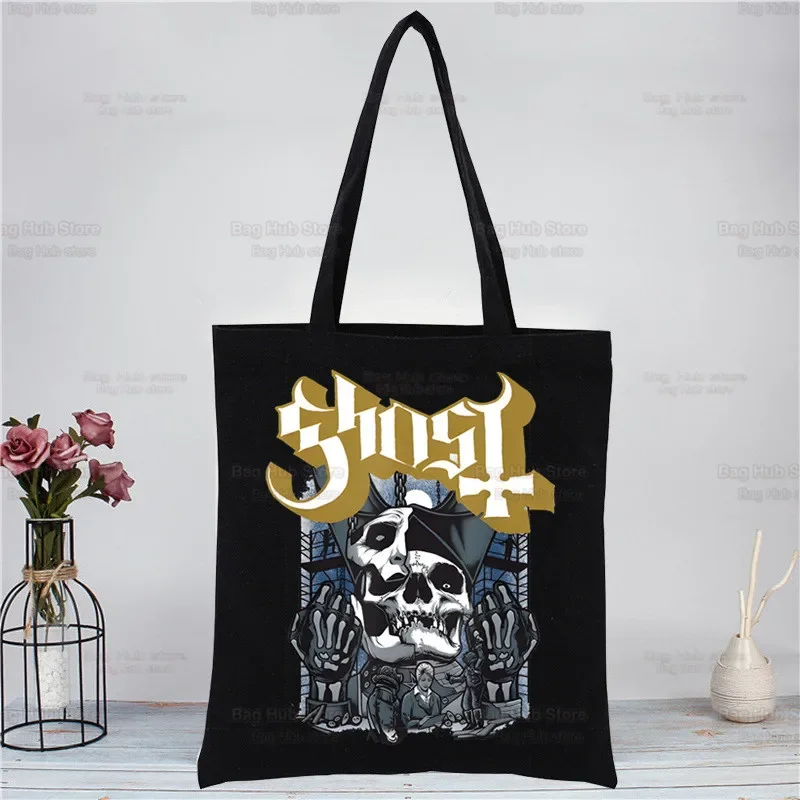 Ghost bandショッピングバッグ,女性用の黒いキャンバストートバッグ,再利用可能なショッピングバッグ,エコ,折りたたみ式