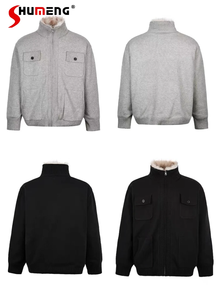 

Мужской зимний новый ретро-свитер 2025 года, утепленный воротник из искусственного меха, теплый комфортный однотонный трикотаж, мужские трикотажные топы с длинными рукавами
